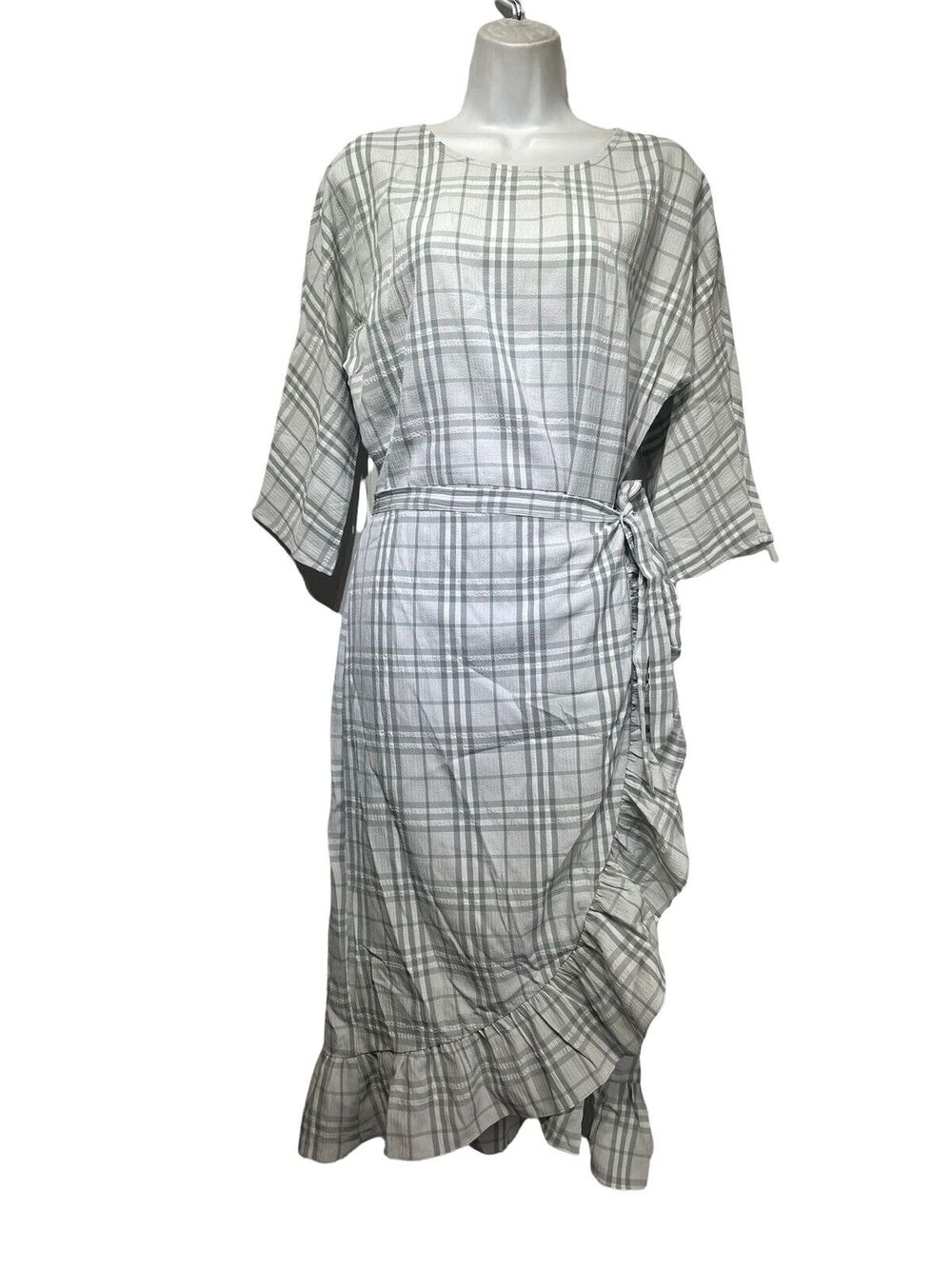 Chelsea28 Grey Plaid 3/4 Sleeve Faux Wrap Midi Ruffle Dress Size L